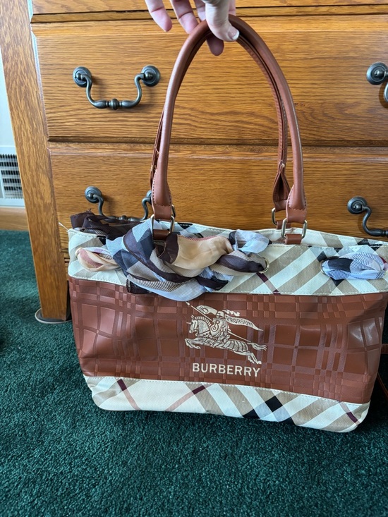 Burberry Handbags - Burberry Logo Brown, Beige & Cream Check Tote with Scarf Accent